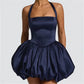 Women's Summer Halter Neck Tulle Mini Dress Glitter Sleeveless Open Back Cross Bandage Puffy Hem Cocktail Dress