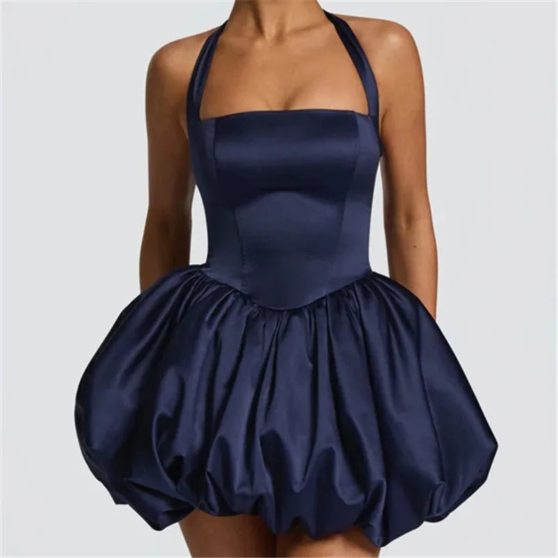 Women's Summer Halter Neck Tulle Mini Dress Glitter Sleeveless Open Back Cross Bandage Puffy Hem Cocktail Dress