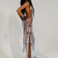 Backless Chain Dress Women See Through Sexy Y2K Sleeveless Gradient Print Side Split Midnight Clubwear Maxi Bodycon