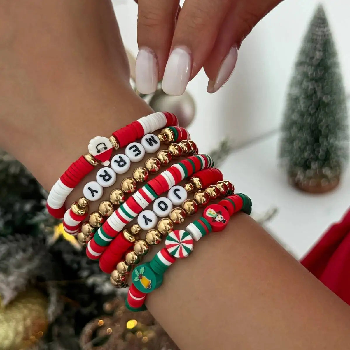 Christmas Series Polymer Clay CCB Beaded Bracelets, Trendy Letter Charms, Jewelry Gift for Women and Men, 7 Pcs Set