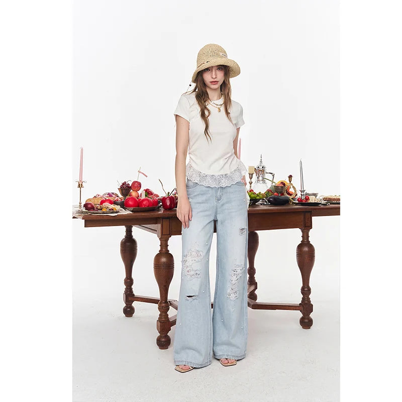 Women's Elegant Slim T-Shirt with Layered Lace Hem, Chic White Ruffle Tee for Daily Wear, Graceful Commute Top