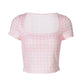 Pink Plaid Print T Shirts Y2k Clothes Woman Summer Square Neck Short Sleeve Crop Tops