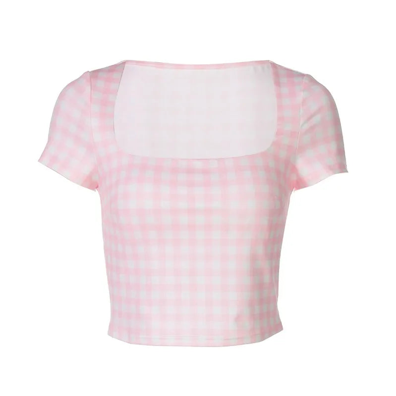 Pink Plaid Print T Shirts Y2k Clothes Woman Summer Square Neck Short Sleeve Crop Tops