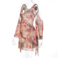 Floral Leopard Print Mesh See Through Dress Elegant Sexy Long Sleeve Backless Mini Dresses for Woman