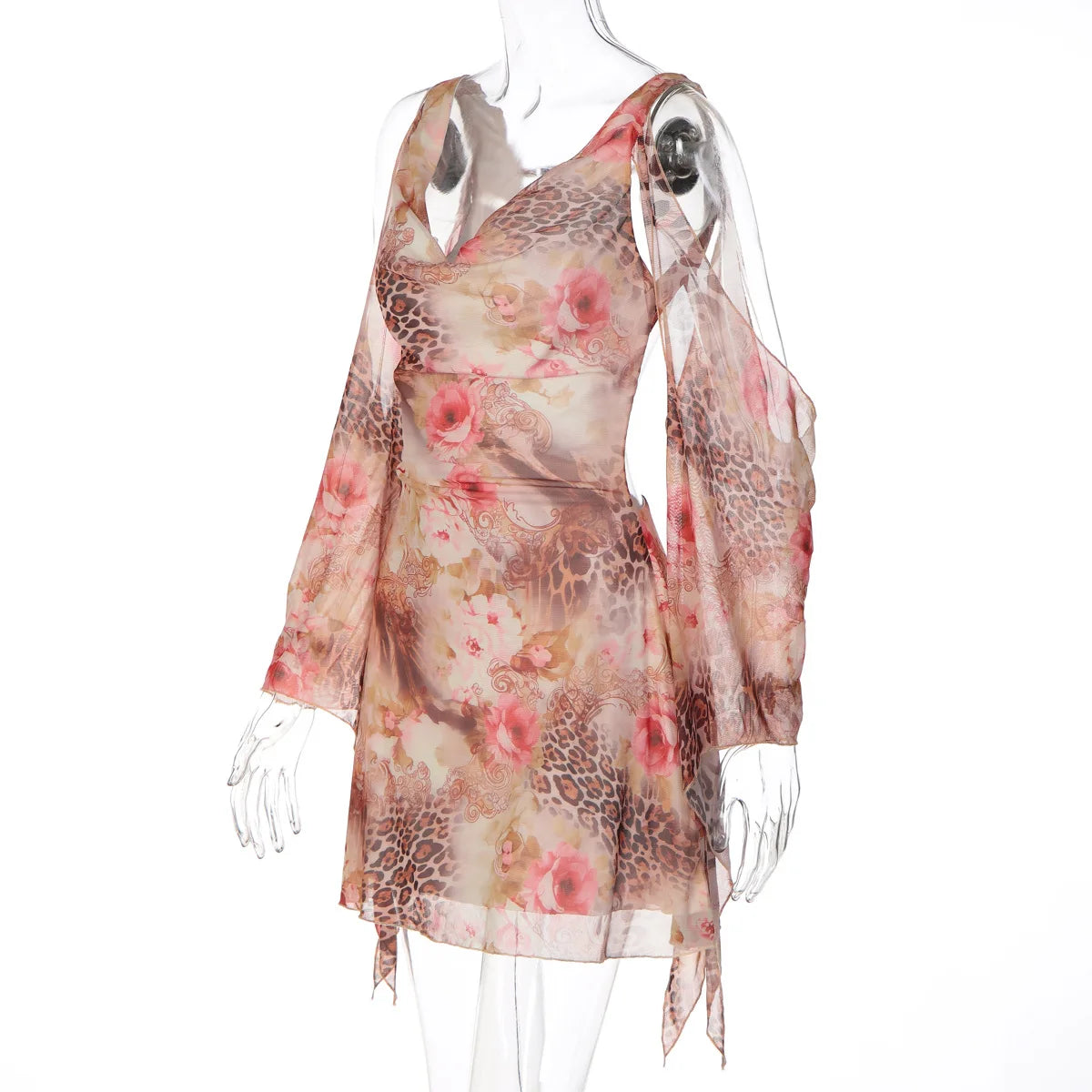 Floral Leopard Print Mesh See Through Dress Elegant Sexy Long Sleeve Backless Mini Dresses for Woman