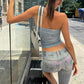 Fake Denim 2 Piece Set Woman Letter Print Wrap Chest Backless Tank Tops+Elastic Waist Crop Pants Sexy Fashion Suits