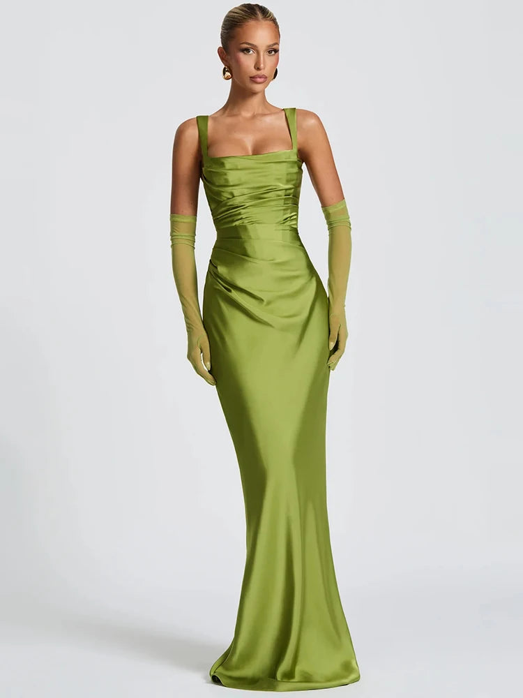 Satin Backless Sexy Maxi Dress Women Elegant Halter Off-shoulder Sleeveless Lace-up Bodycon Club Party Long Dresses