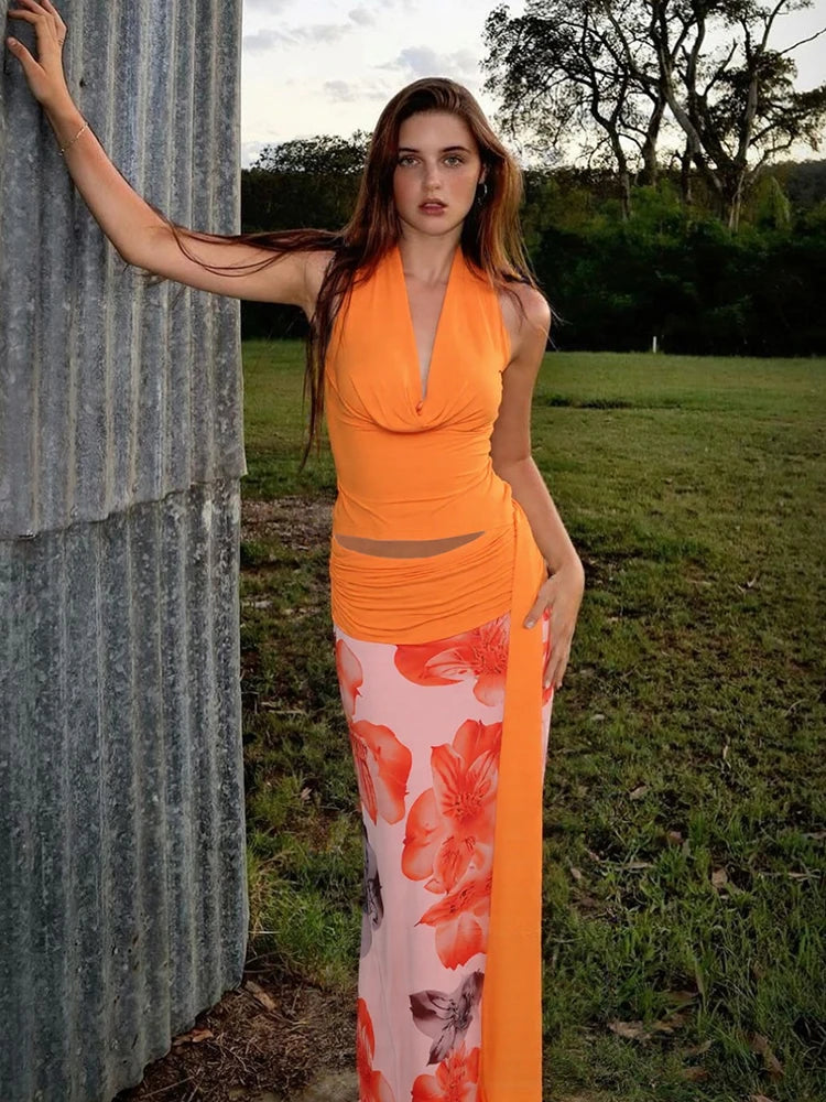 Backless Women 3Piece Set Stack Trend Halter Tops+Split Tassel+Flowers Mesh Skirts Elegant Matching Vacation Clubwear