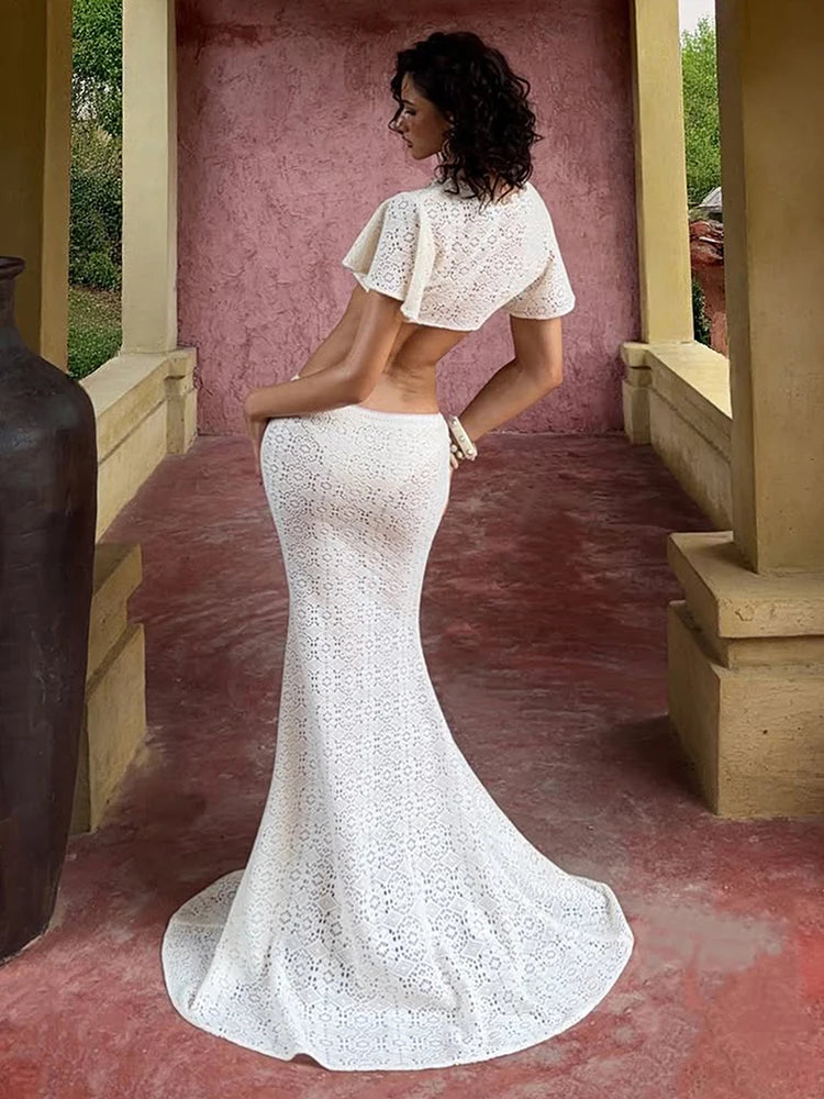 Jacquard Knit 2 Piece Set Women Elegant Ruffled Bead V-Neck Bandages Crop Tops+Long Skirt Fashion Vacation Party Suit