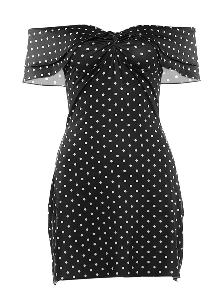 Sexy  Fashion Polka Dot Print Dress Women Slash Neck Ruched Patchwork Sleeveless Summer Street Party Chic Mini Bodycon