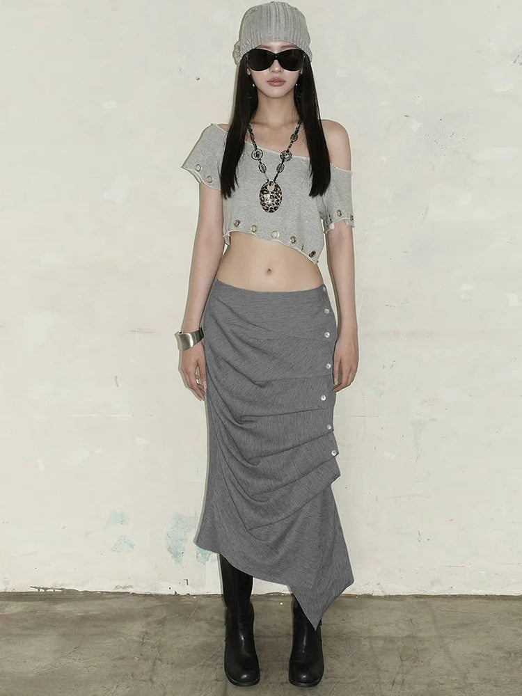 Sexy Ruched Bottom Women Button Zip Mid-Calf Skinny Peach Hip Simple Elegant Wild Collegiate Style Commute Streetwear