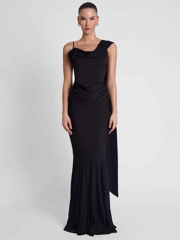 Satin Backless Sexy Maxi Dress Women Elegant One Spaghetti Strap Sleeveless Ruched Waist Club Party Mermaid Long Dress