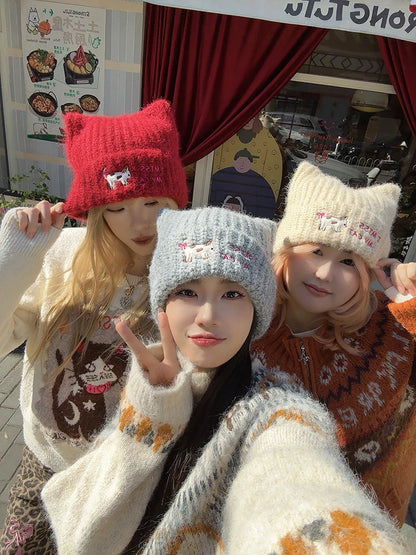 Y2K Cute Solid Kitten Embroidery Cat Ear Beanie For Women