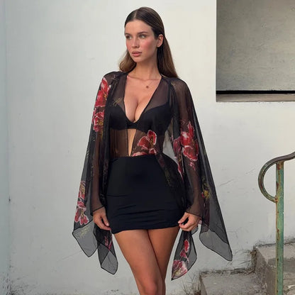 Polka Dot Sheer Chiffon Flare Sleeve Deep V Neck Backless Mini Dress Woman Clothing Sexy Black Bodycon Dress