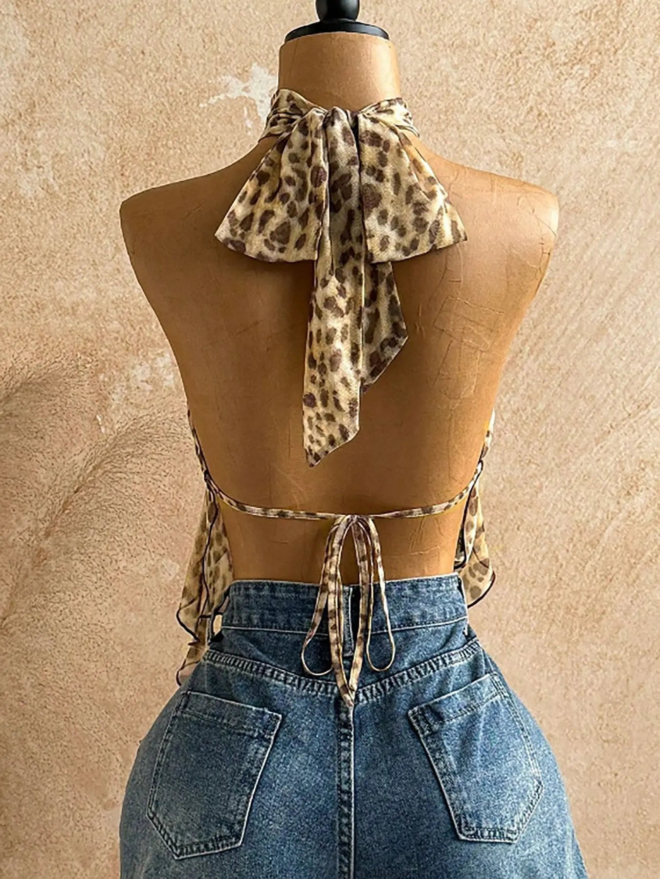 Sexy Print Backless Tank Top Women Hottie Halter Bandages Metal Buckle Hollow Irregular Hem Fashion Vacation Vest