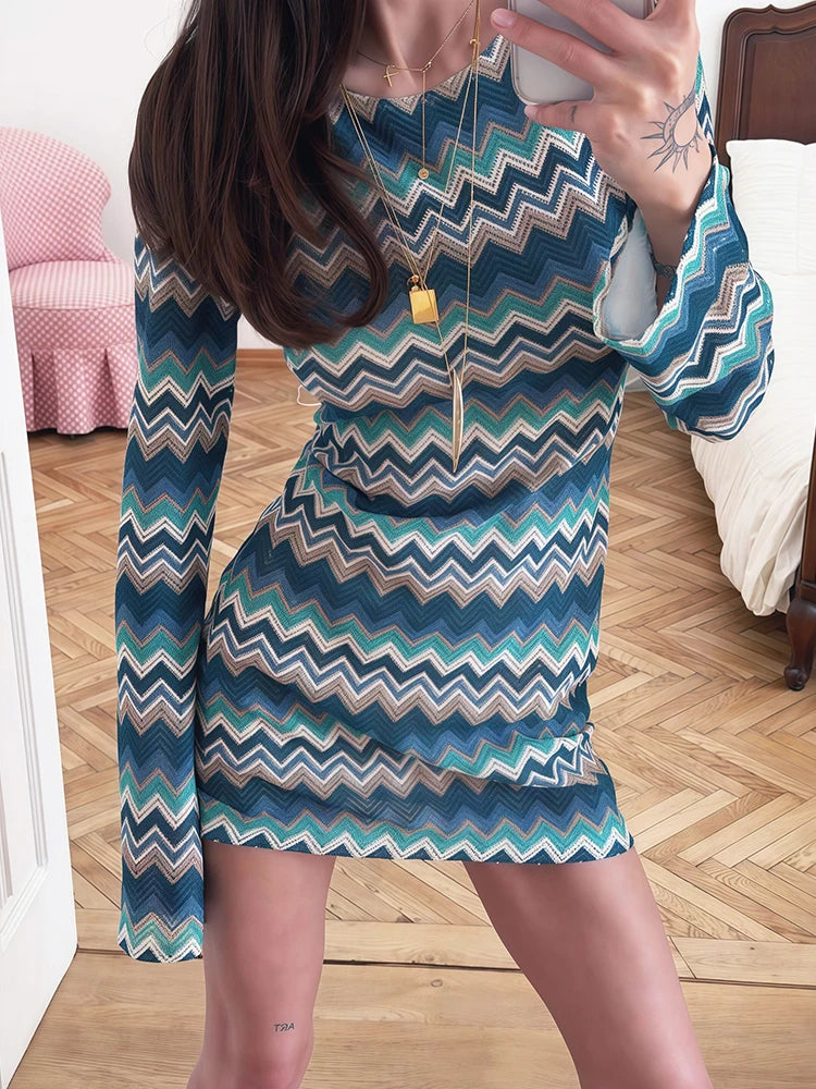 Colorful Print Dress Women o-Neck Full Sleeve Skinny Autumn New Trend Elasticity High Street Classic Mini Bodycon