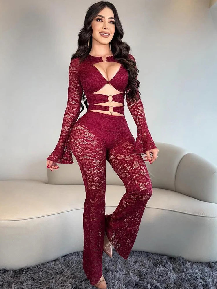 See Through Jumpsuits Woman Metal Rings Patchwork Hollow Design Sexy Full Sleeve Midnight Club Party Wild Style Overalls