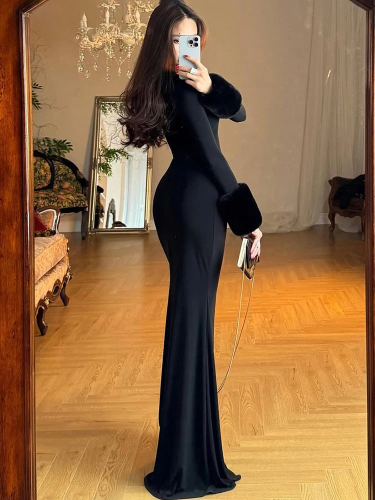 Sexy Furry Sleeve Dress Women O-Neck Autumn Trend Elegant Simple Christmas Birthday Party Stretch Skinny Maxi Bodycon