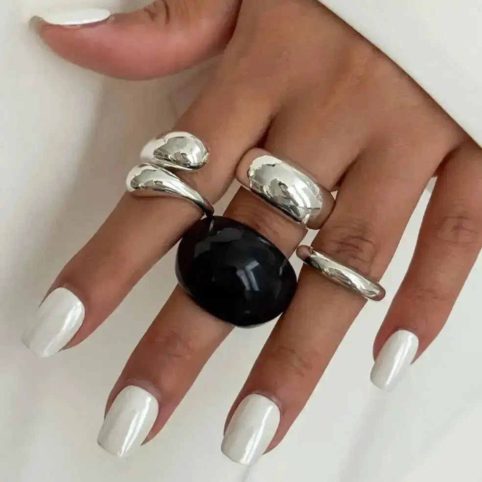 4 Pcs Boho Stackable Resin Metal Open Rings Set for Women Minimalist Chunky Curved Knuckle Ring Party Jewelry Accessories