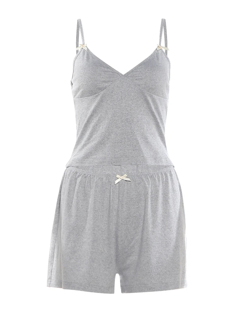 Sporty Streetwear Women Trend Simple 2-Piece Set Trend Fashion Bow Appliques Low Chest Camisole+Shorts Hottie Suits