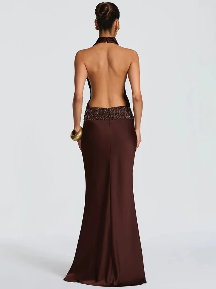 Halter Bckless Sexy Maxi Dress Women Gown Elegant Off-shoulder Sleeveless Draped Ruched Bodycon Club Party Long Dress