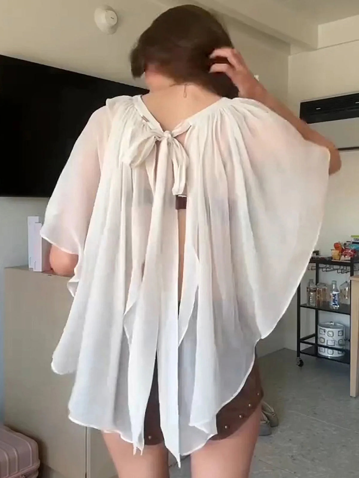 See Through White Mesh Cape Tops for Woman Clothes Summer 2026 Elegant Women's Blouses and Shirts