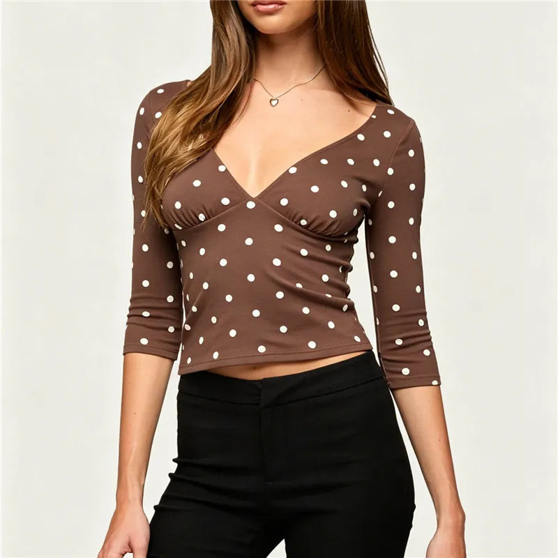 Women Vintage Polka Dot Crop Top Deep V 3/4 Sleeve Wrap Bust Slim Fitted Short T Shirt Retro Casual Y2K Basic Blouse
