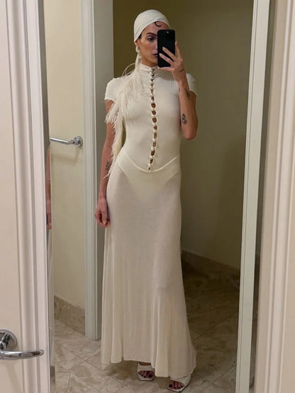 Button Hollow Short Sleeve Maxi Dress White Black Vintage Elegant Dresses for Women Clothes 2026