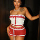 Crochet 2 Piece Set Women Hollow Beach Vacation Shirring Strapless Tops+Contrast Shorts Matching Tight Stretch Suits