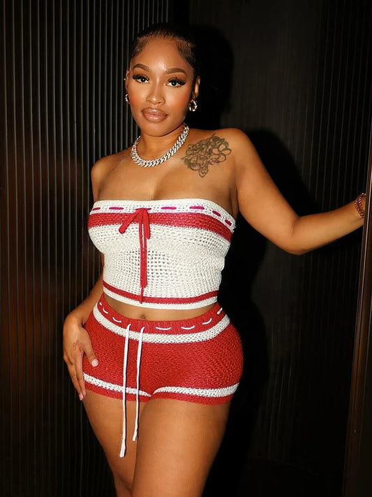 Crochet 2 Piece Set Women Hollow Beach Vacation Shirring Strapless Tops+Contrast Shorts Matching Tight Stretch Suits