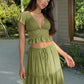 Elegant Chiffon Two Piece Set Women V Neck Short Sleeve Crop Top Maxi Skirt Matching Sets Female Club Party Dress Set