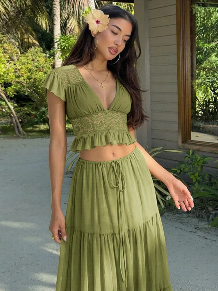 Elegant Chiffon Two Piece Set Women V Neck Short Sleeve Crop Top Maxi Skirt Matching Sets Female Club Party Dress Set