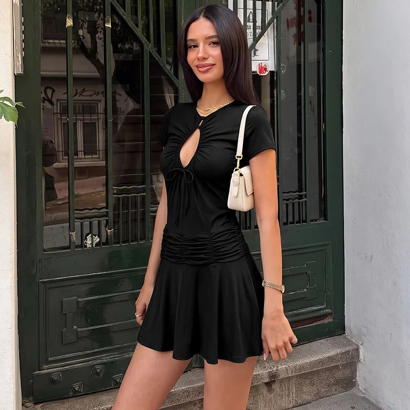 Short Sleeve Mini Dress with Keyhole Cutout and Ruched Waist Brown Black Dresses for Woman Clothing