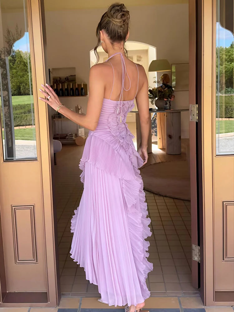 Elegant Off-shoulder Ruffle Sexy Maxi Dress Women Fashion Halter Sleeveless Backless Draped Pleated Club Party Dress