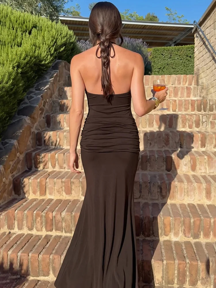 Women Halter Maxi Dress Deep V Neck Sleeveless Bodycon Long Dress Waist Metal Buckle Ruched Party Evening Club Dress