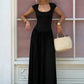 Women Square Cap Sleeve Midi Dress Elegant Brown U Neck Slim Waist Bodycon Club Party Pleated Long Dresses Fashion