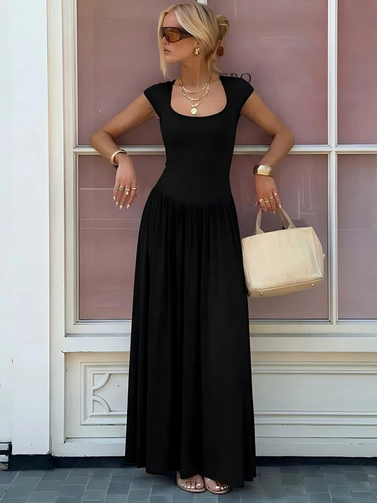 Women Square Cap Sleeve Midi Dress Elegant Brown U Neck Slim Waist Bodycon Club Party Pleated Long Dresses Fashion