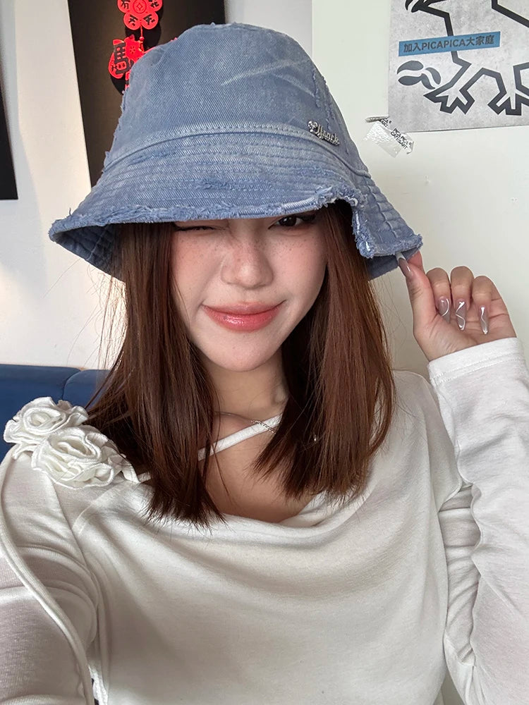 Vintage Denim Raw-Edge Sun Visor Fisherman Hat for Women