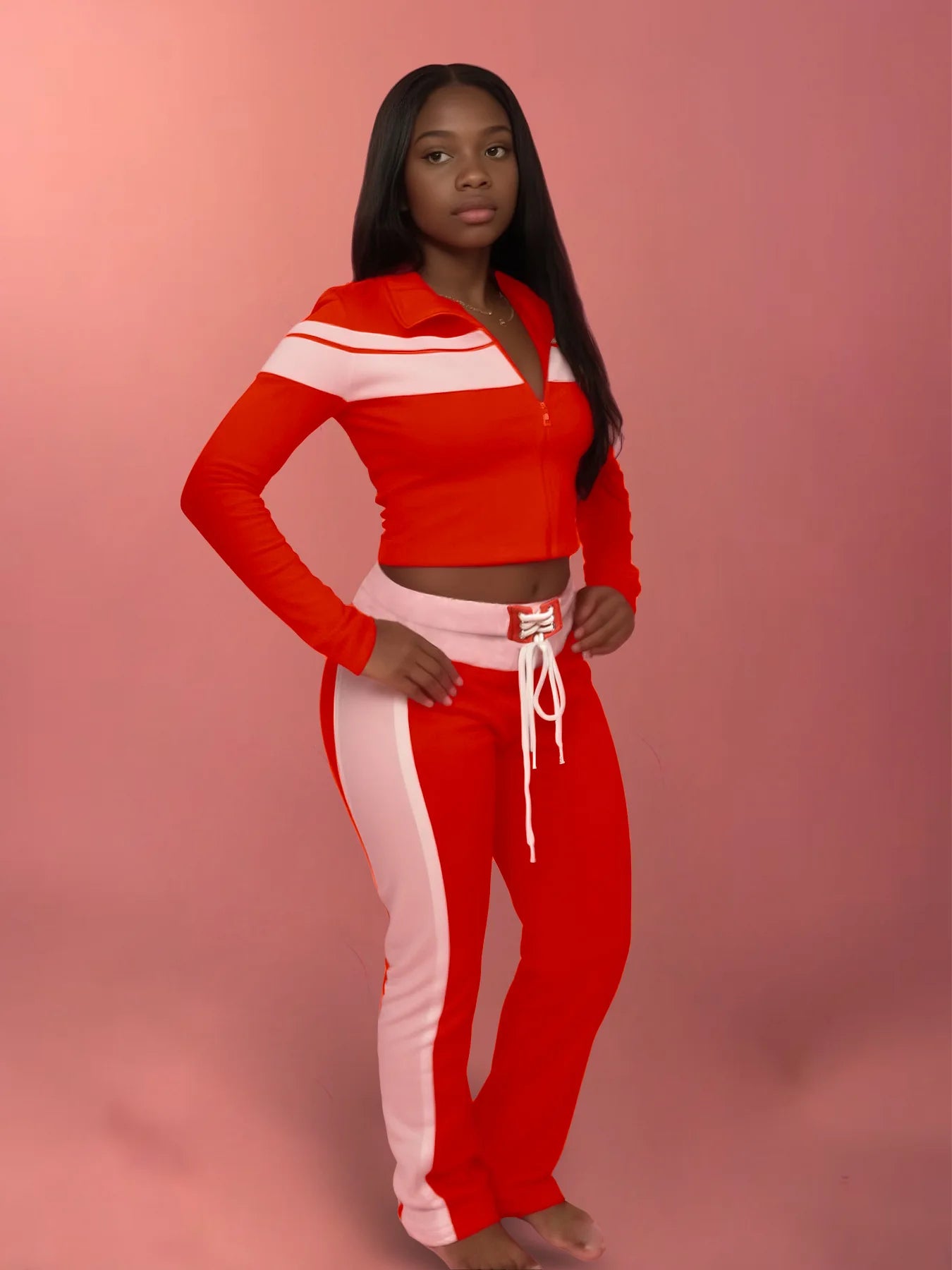 Casual 3 Piece Set Women Patchwork Print Zip Long Sleeve Crop Tops+Bra+Shirring Pants Matching Street Stretch Outfits