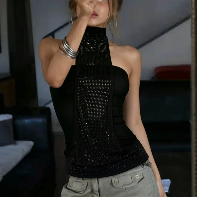 Women Rhinestone Halter Top Sleeveless Backless Tie Neck Tube Top Y2K Sparkly Mesh Patchwork Tank Top Party Clubwear