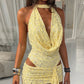 Sequins Patchwork 2 Piece Set Woman Summer Trend Swing Collar Sleeveless Bodysuits+Mini Skirts Beach Party Style Suit