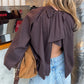 Women Backless Bow Tie Blouse Stand Collar Puff Long Sleeve Pleated Loose Cropped Shirt Solid Casual Daily Going Out Top