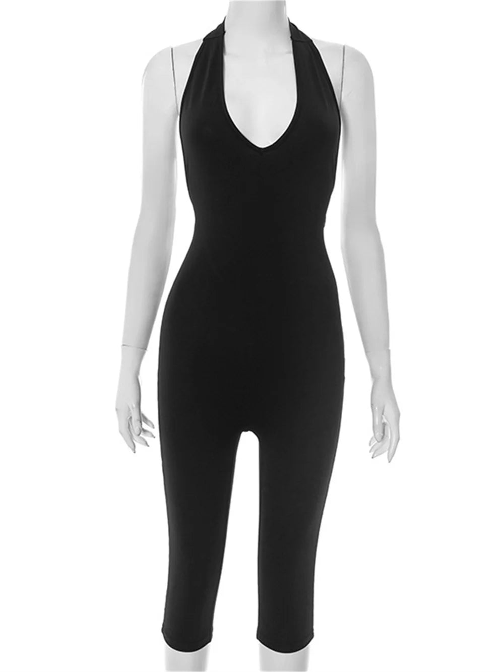 Halter Deep V-Neck Romper Women Fit Simple Sexy Basic Backless Sleeveless Skinny Stretch Casual Streetwear Playsuit