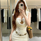 Sexy 2-Piece Set Women Sequin Sun Metal Decoration Tank Tops+Hooded Swing Collar See Through Dress Summer Streetwear
