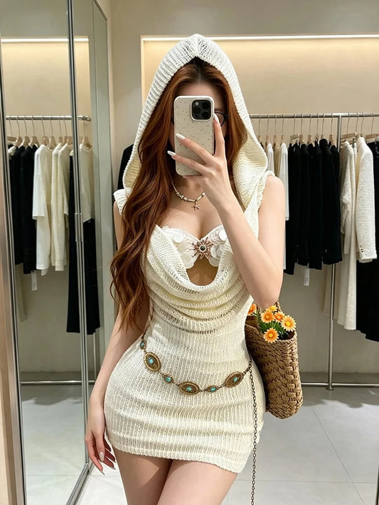 Sexy 2-Piece Set Women Sequin Sun Metal Decoration Tank Tops+Hooded Swing Collar See Through Dress Summer Streetwear