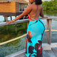 Flower Print Long Dress Women Summer Trend Halter Swing Collar Backless Sleeveless Vacation Fashion Skinny Vestidos