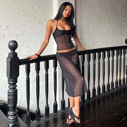 Women's Matching Sets Sexy See Through Mesh Polka Dot Black Outfits 2 Piece Skirt Set Summer 2026