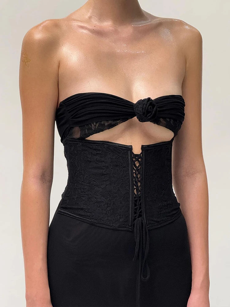 Sexy Hollow Mesh Maxi Dress Women Shirring Fishtail Ruffles Patchwork Bandage Elegant Birthday Banquet Party Vestidos