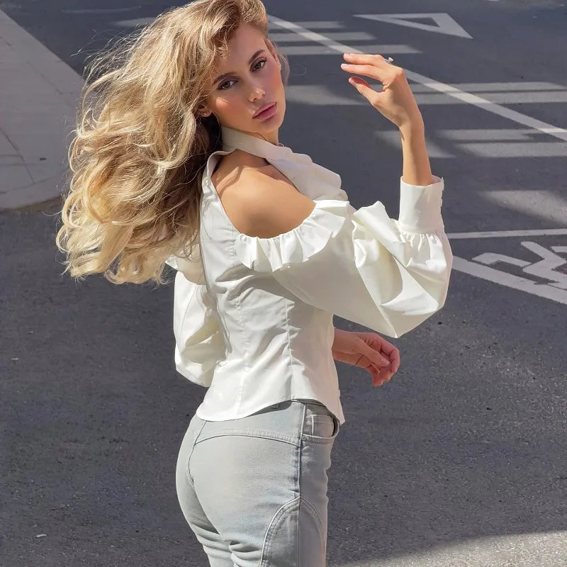 Cold-shoulder Button-up Lantern Sleeve Ruffled Blouses Shirts for Woman White Long Sleeve Tops Autumn 2026