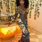 Sexy See Through Dress Woman Butterfly Print Metal Ring Hollow Full Sleeve Splits Clubwear Midnight Elegant Bodycon